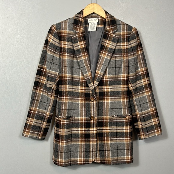 White Stag Brown Gray Plaid Double Button Wool Blazer  size vintage 8 - Picture 7 of 17
